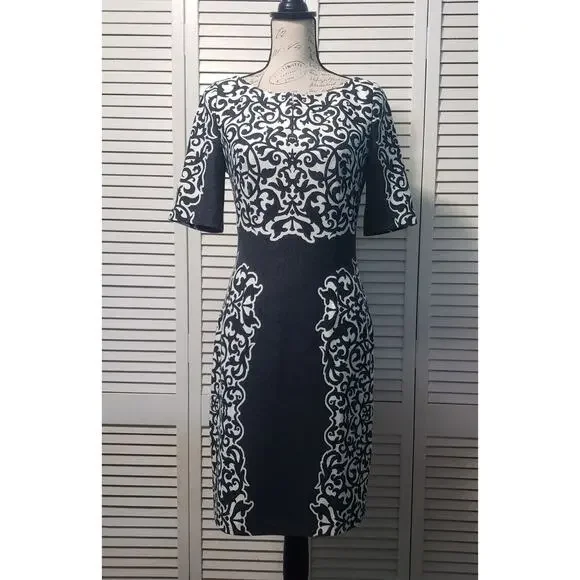 Laundry By Shelli Segal Dress Women's Size 6 Black White Short Sleeve Floral - Picture 1 of 15